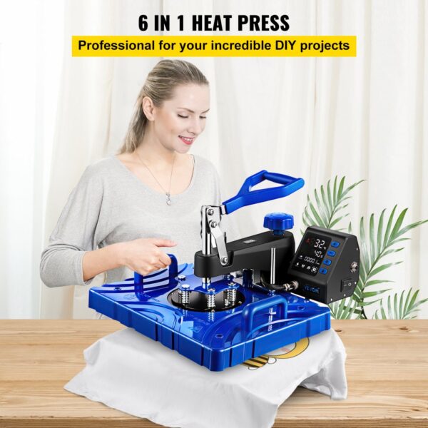 VEVOR Heat Press 12X15 Inch 1000W 6 In 1 Heat Press Swing Away Blue & Black Sublimation Machine T-Shirt Printer Transfer with Accurate Control LED Display Dual-tube Heating for DIY Shoes Cap Mugs