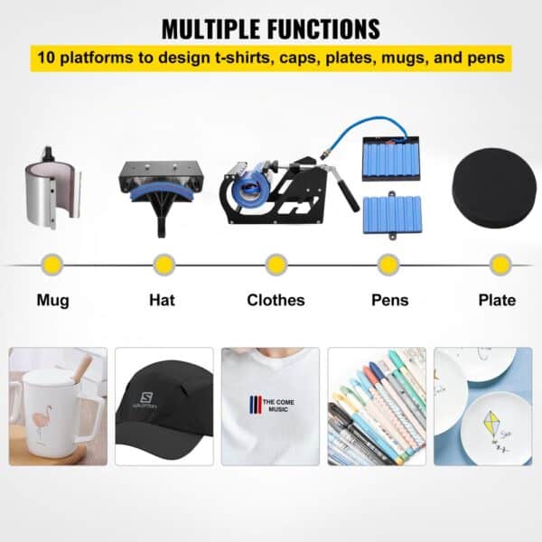 VEVOR Heat Press 12X15 Inch 10 In 1 Heat Press 1000W Heat Press Machine with 360° Rotation Swing Away White Heat Press T-Shirt Sublimation Machine Dual-tube Heating for DIY Pens Caps Mugs and Shirts