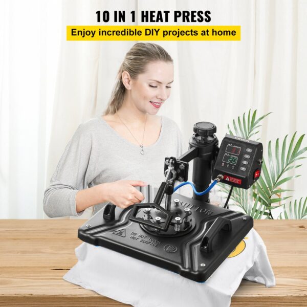 VEVOR Heat Press 12X15 Inch 10 In 1 Heat Press 1000W Heat Press Machine with 360°Rotation Swing Away Black 10 In 1 T-Shirt Sublimation Machine Dual-tube Heating for DIY Pens Caps Mugs and Shirts