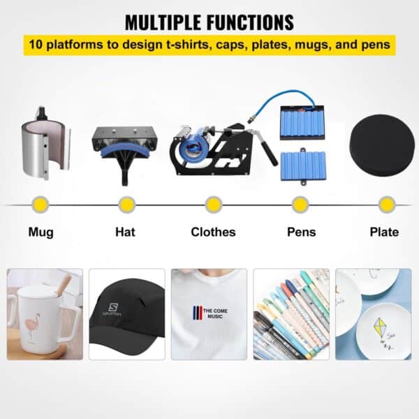 VEVOR Heat Press 12X15 Inch 10 In 1 Heat Press 1000W Heat Press Machine with 360°Rotation Swing Away Black 10 In 1 T-Shirt Sublimation Machine Dual-tube Heating for DIY Pens Caps Mugs and Shirts