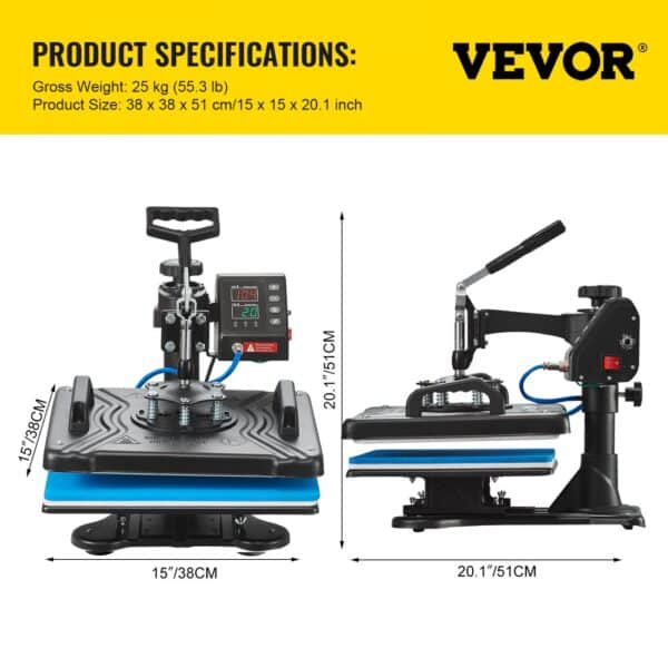 VEVOR Heat Press 12X15 Inch 10 In 1 Heat Press 1000W Heat Press Machine with 360°Rotation Swing Away Black 10 In 1 T-Shirt Sublimation Machine Dual-tube Heating for DIY Pens Caps Mugs and Shirts