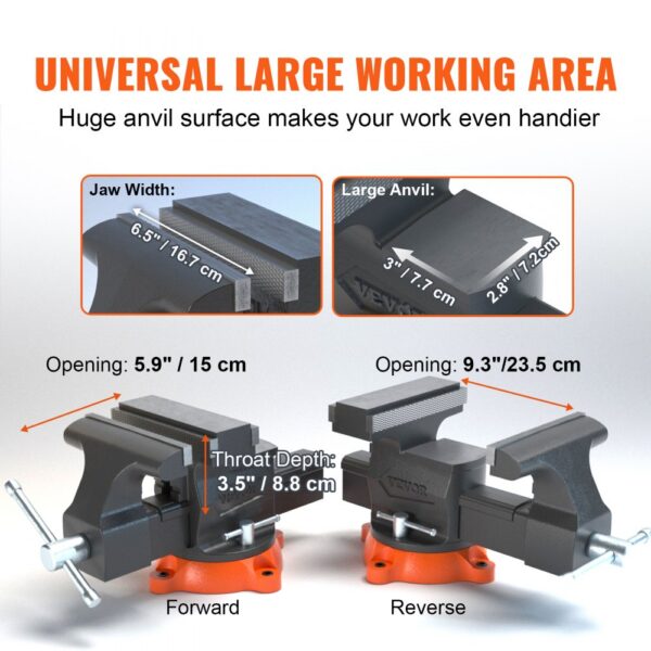 VEVOR bench vise with large anvil, 6.5" jaw width, 3.5" throat depth, and up to 9.3" opening.