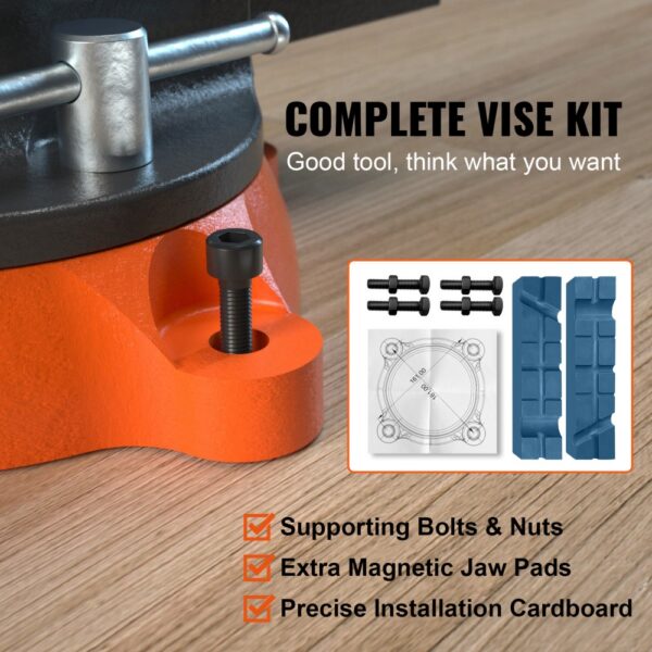 VEVOR bench vise complete kit with bolts, magnetic jaw pads, and installation guide on wooden surface.