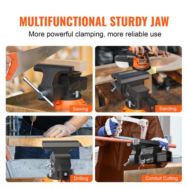 multifunctional VEVOR bench vise used for sawing, sanding, drilling, and conduit cutting tasks.