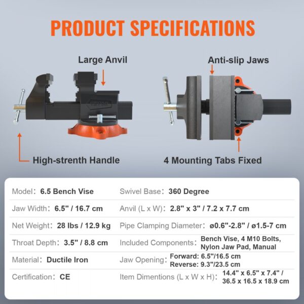 VEVOR bench vise product specifications with large anvil, high-strength handle, and anti-slip jaws.