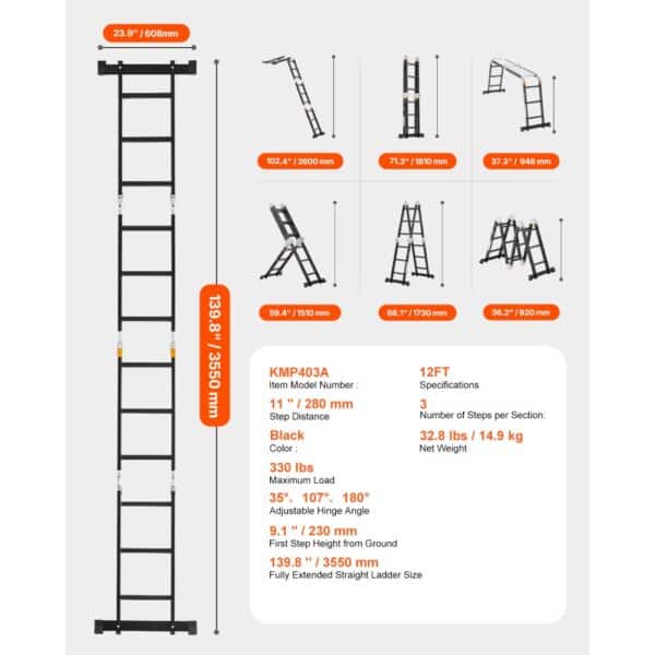VEVOR Multi-Purpose Folding Ladder 7-in-1 3 Step 12ft with Scaffolding Plank