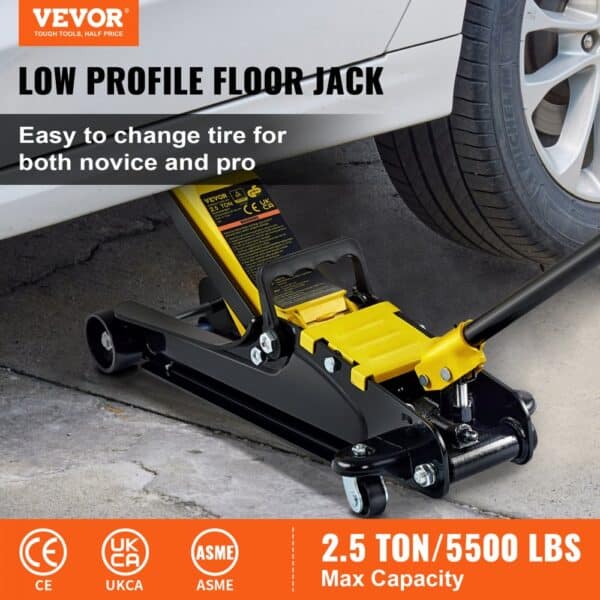 VEVOR low profile floor jack lifting a car, easy to change tire, 2.5 ton/5500 lbs capacity.