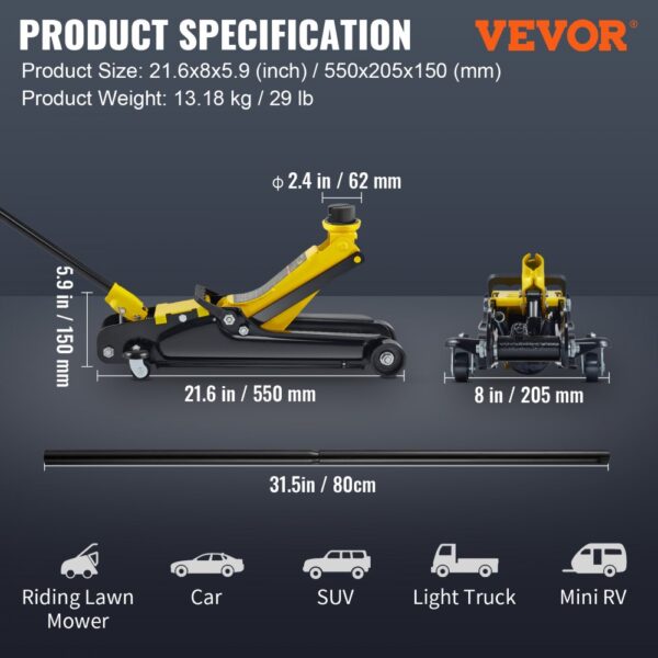 VEVOR low profile floor jack dimensions and uses for riding lawn mowers, cars, suvs, light trucks, and mini rvs.