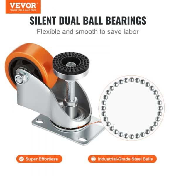 VEVOR leveling casters with silent dual ball bearings and industrial-grade steel balls for smooth mobility.