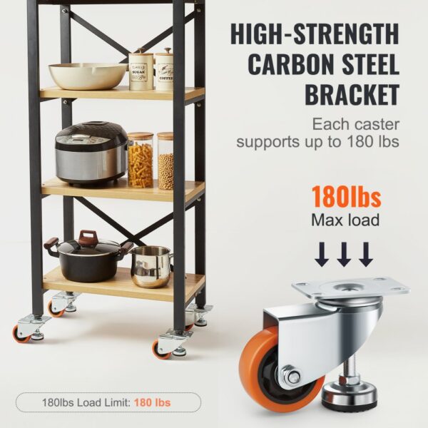 VEVOR leveling casters on a kitchen shelf, supporting up to 180 lbs, with various kitchen items.