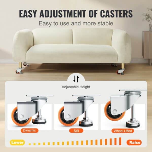 VEVOR leveling casters adjustable, showcasing dynamic, still, and wheel lifted positions with ease.