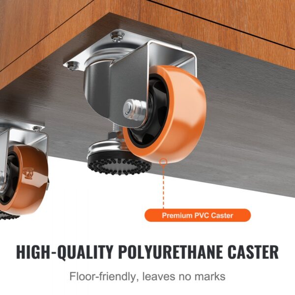 VEVOR leveling casters featuring high-quality polyurethane wheels attached to a wooden surface.