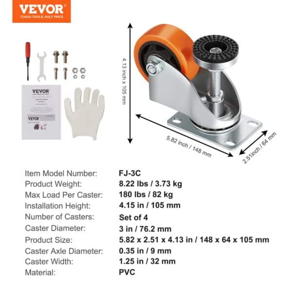 VEVOR leveling casters set with dimensions, tools, gloves, and product specifications. model fj-3c.