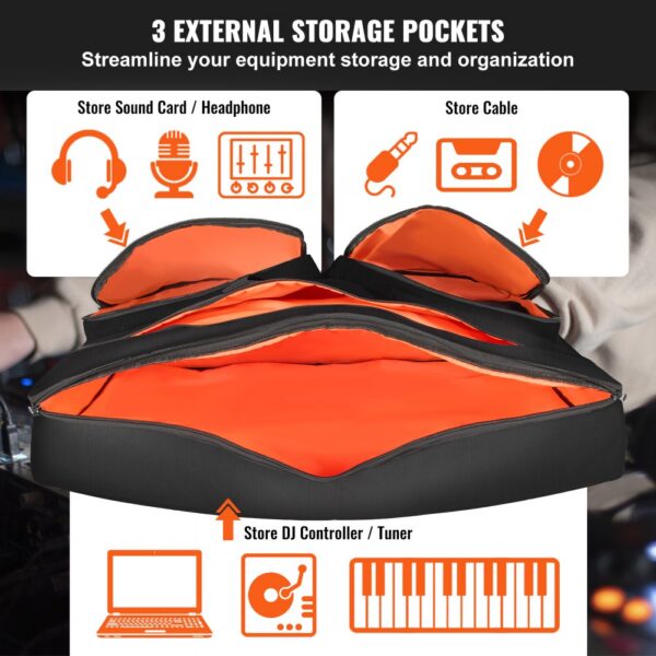 VEVOR dj mixer bag features 3 external storage pockets for headphones, sound cards, cables, and controllers.