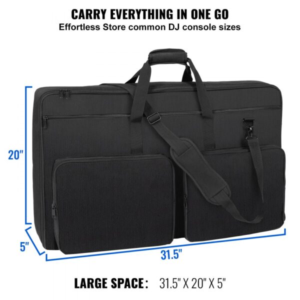 black VEVOR dj mixer bag with dimensions 31.5"x20"x5", featuring multiple compartments and handles.