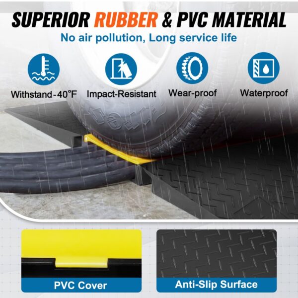 VEVOR cable protector ramp, durable rubber and pvc, withstands -40°f, impact-resistant, wear-proof, waterproof.