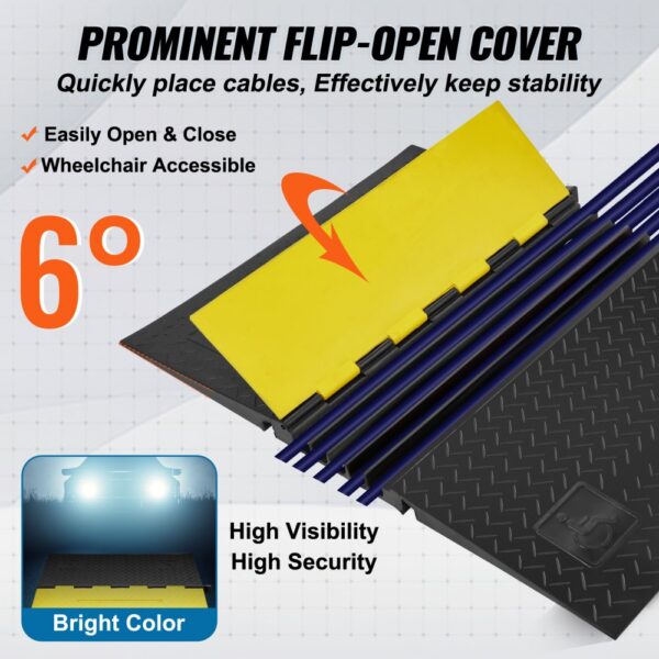 VEVOR cable protector ramp with flip-open cover, high visibility, 6° angle, easy to open, wheelchair accessible.