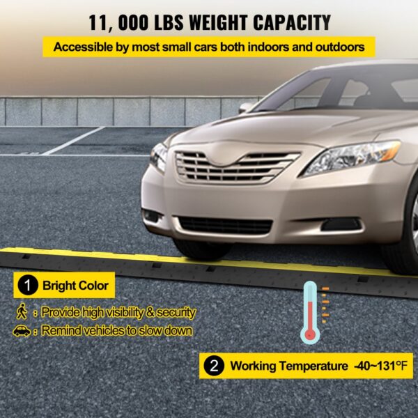 VEVOR cable protector ramp under a car, highlighting 11,000 lbs weight capacity.