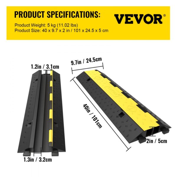 VEVOR cable protector, dimensions 40 x 9.7 x 2 in, weight 5 kg, black and yellow.