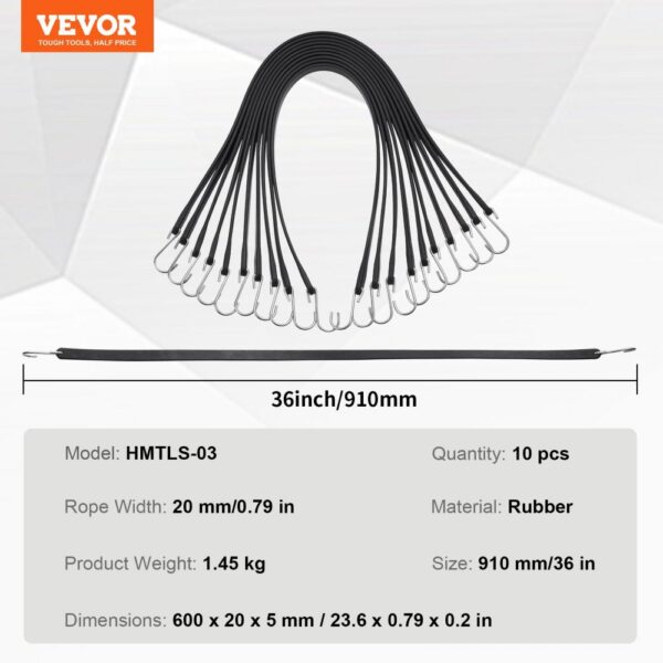 VEVOR 10 Pcs Flat Bungee Cord Set 20 mm Heavy Duty Bungee Straps with S-Hook 36"