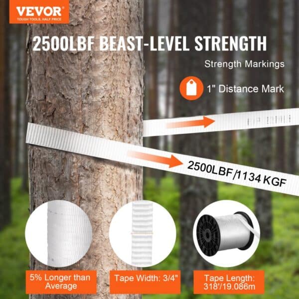 VEVOR polyester pull tape showcasing 2500lbf strength, 3/4" width, and 318'/19.086m length in a forest.