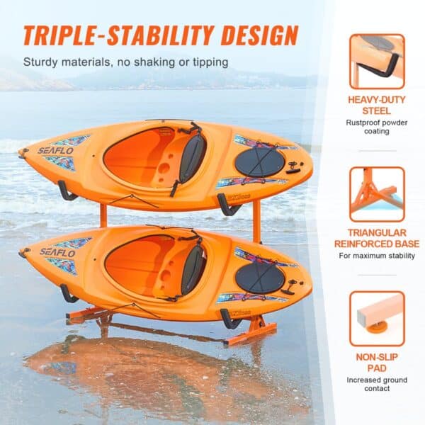 orange kayak rack with VEVOR branding, triple-stability design featuring heavy-duty steel.