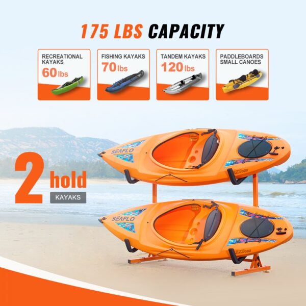 VEVOR kayak storage rack holds two orange kayaks on a beach with a 175 lbs capacity across different kayak types.