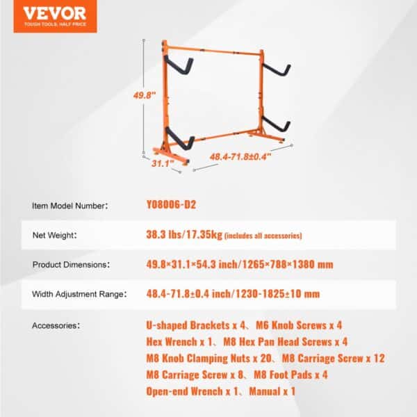 VEVOR kayak storage rack with dimensions 49.8×31.1×54.3 inches, 38.3 lbs weight, model y08006-d2.