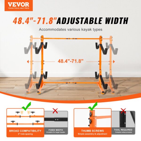 VEVOR kayak rack with adjustable width from 48.4" to 71.8", easy assembly, high compatibility.