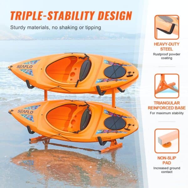 VEVOR kayak storage rack holds two orange kayaks on a beach, featuring heavy-duty steel and non-slip pads.