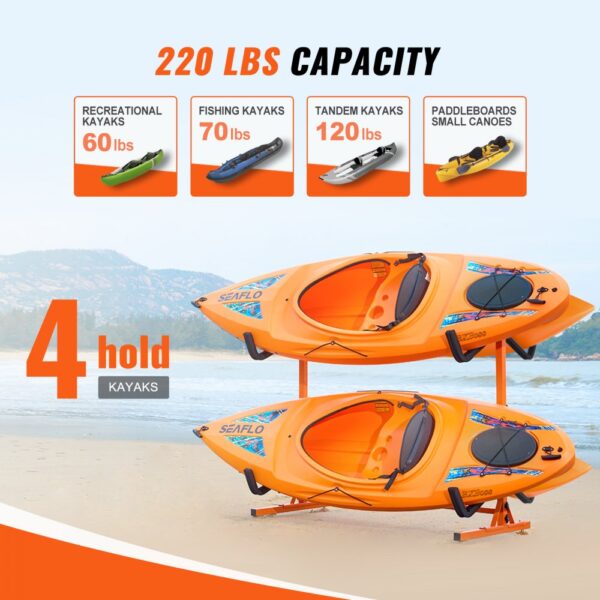 two orange kayaks on a VEVOR kayak storage rack, with a capacity of 220 lbs, holding up to 4 kayaks.