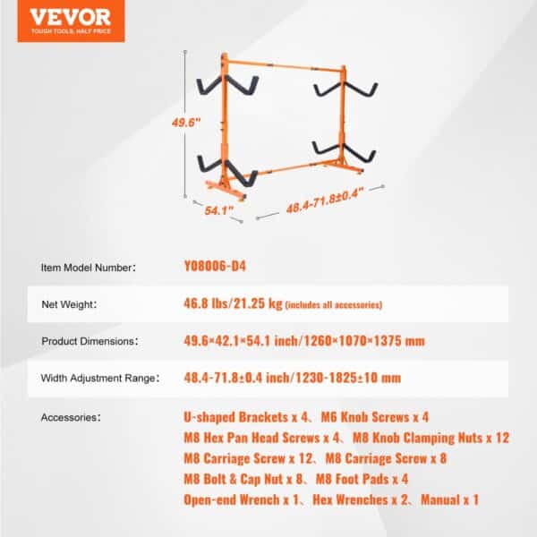 VEVOR kayak storage rack with adjustable width and detailed dimensions, model y08006-d4.