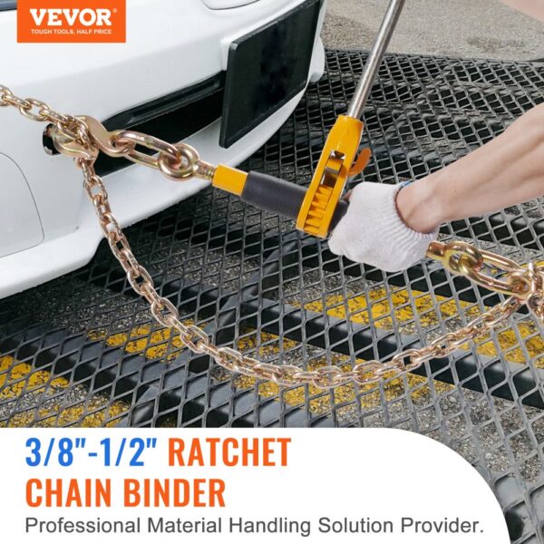 person using VEVOR ratchet chain binder to secure a chain to a white car bumper on a metal grid.