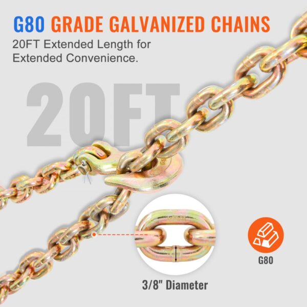 g80 grade galvanized chains, 20ft length, 3/8" diameter with a hook, ideal for VEVOR ratchet chain binder.