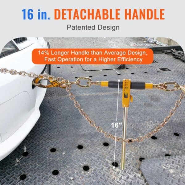 VEVOR ratchet chain binder with 16-inch detachable handle, showing connection between chains and car.