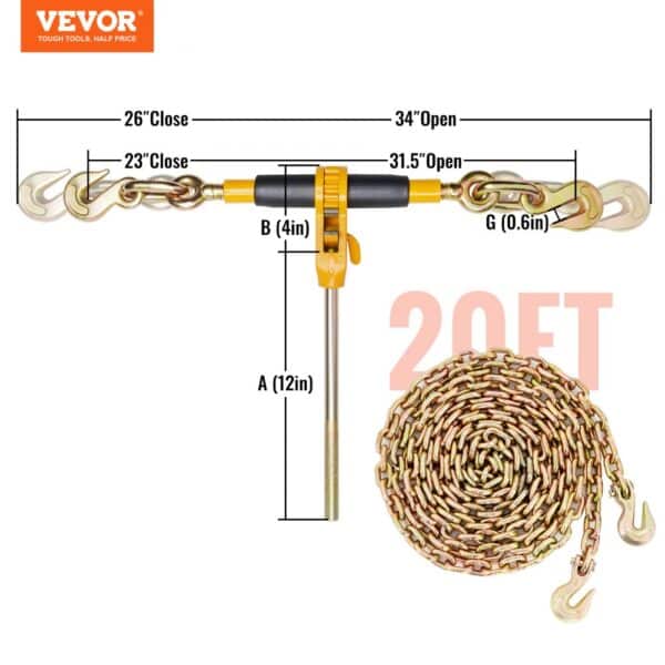 VEVOR ratchet chain binder, 20ft chain with hooks, 26-34in adjustable binder, detailed measurements.