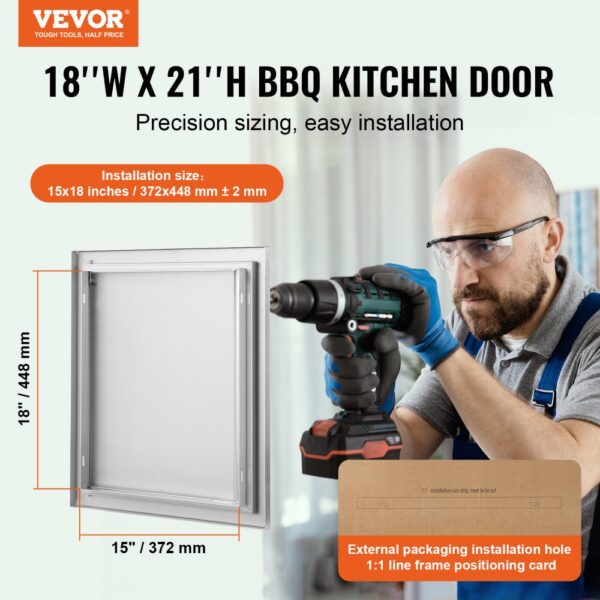 VEVOR bbq access door labeled as 18"x21", showing precise installation dimensions, and easy installation.