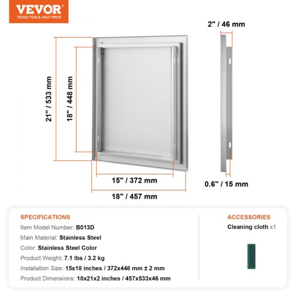 VEVOR bbq access door stainless steel, 21"x18"x2" dimensions, with specifications and cleaning cloth.