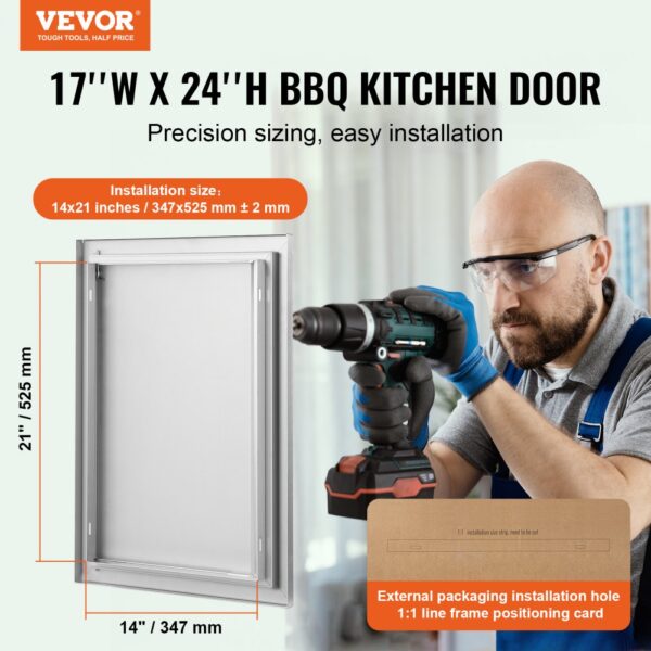 VEVOR bbq access door, 17"w x 24"h, precise sizing, easy installation, with drill and positioning card.