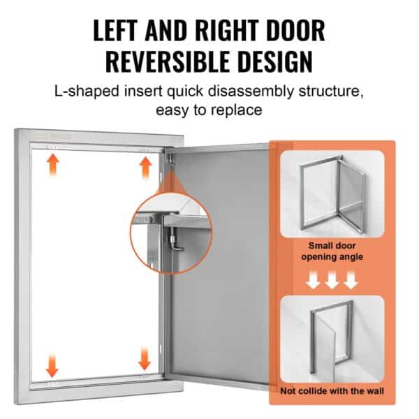 VEVOR bbq access door showing reversible design with l-shaped insert for quick disassembly and easy replacement.