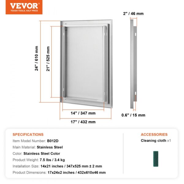 VEVOR bbq access door with stainless steel construction, 24x17 inches dimensions, and included cleaning cloth.