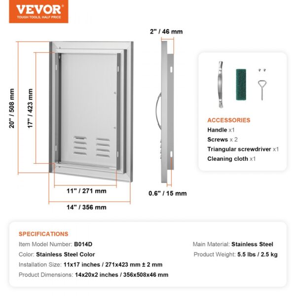 VEVOR bbq access door in stainless steel with dimensions, accessories, and specifications.