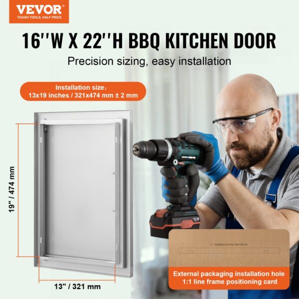 VEVOR bbq access door 16"x22" with installation dimensions and easy installation shown.