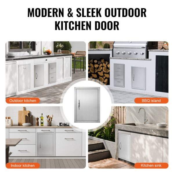 modern VEVOR bbq access door in outdoor kitchen settings, including bbq island, kitchen sink, and indoor kitchen.