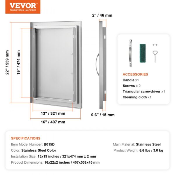 VEVOR bbq access door with 16x22 inches dimensions, includes handle, screws, screwdriver, and cloth.