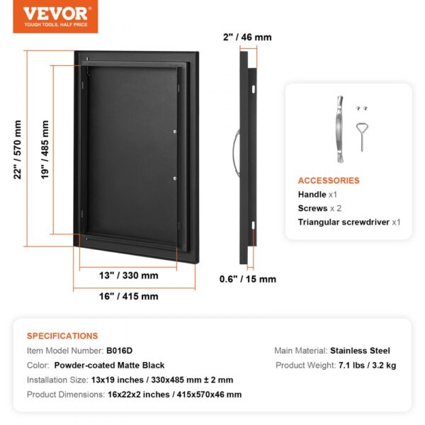 VEVOR bbq access door in powder-coated matte black, featuring dimensions, installation specs, and accessories.