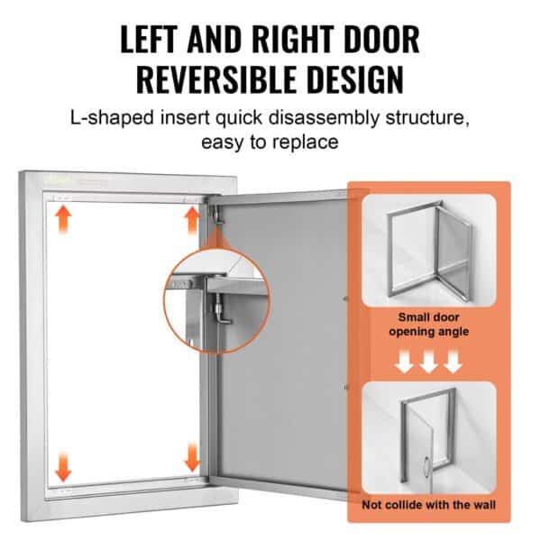 VEVOR bbq access door with reversible l-shaped design for quick disassembly and small opening angle.