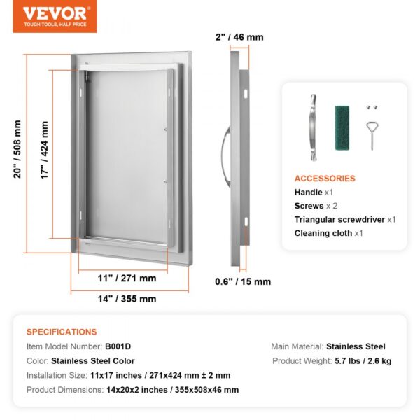 VEVOR bbq access door, stainless steel, 20"x14", with handle, screws, triangular screwdriver, and cloth.