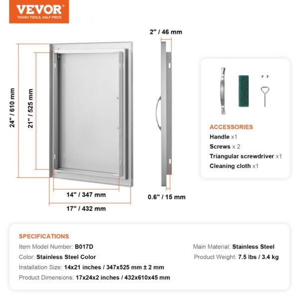 VEVOR bbq access door with dimensions, accessories, and specifications. stainless steel construction.