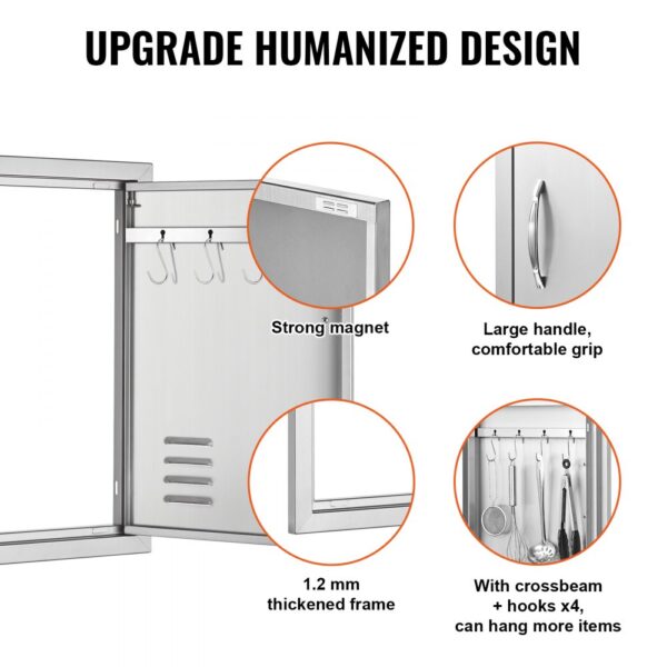 VEVOR bbq access door with strong magnet, large handle, 1.2 mm thickened frame, and hooks for storage.